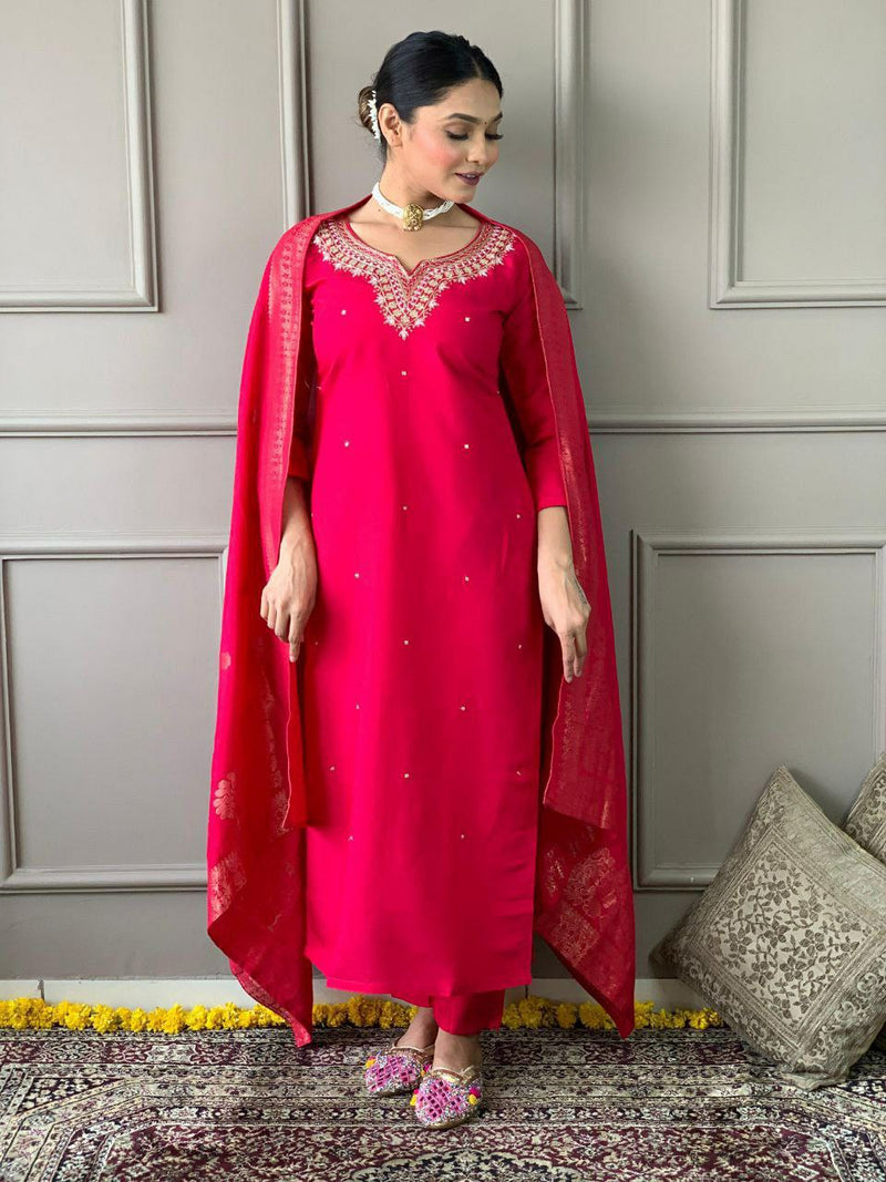 Classy Viscose Chanderi Set with Matching Dupatta – Perfect for Stylish Casual and Festive Wear