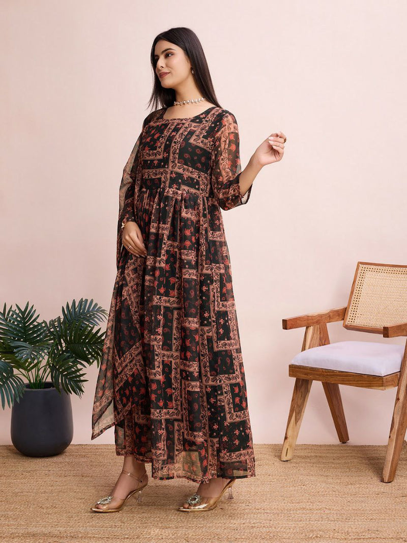 Glamorous Printed Georgette Maxi Dress with Curated Dupatta