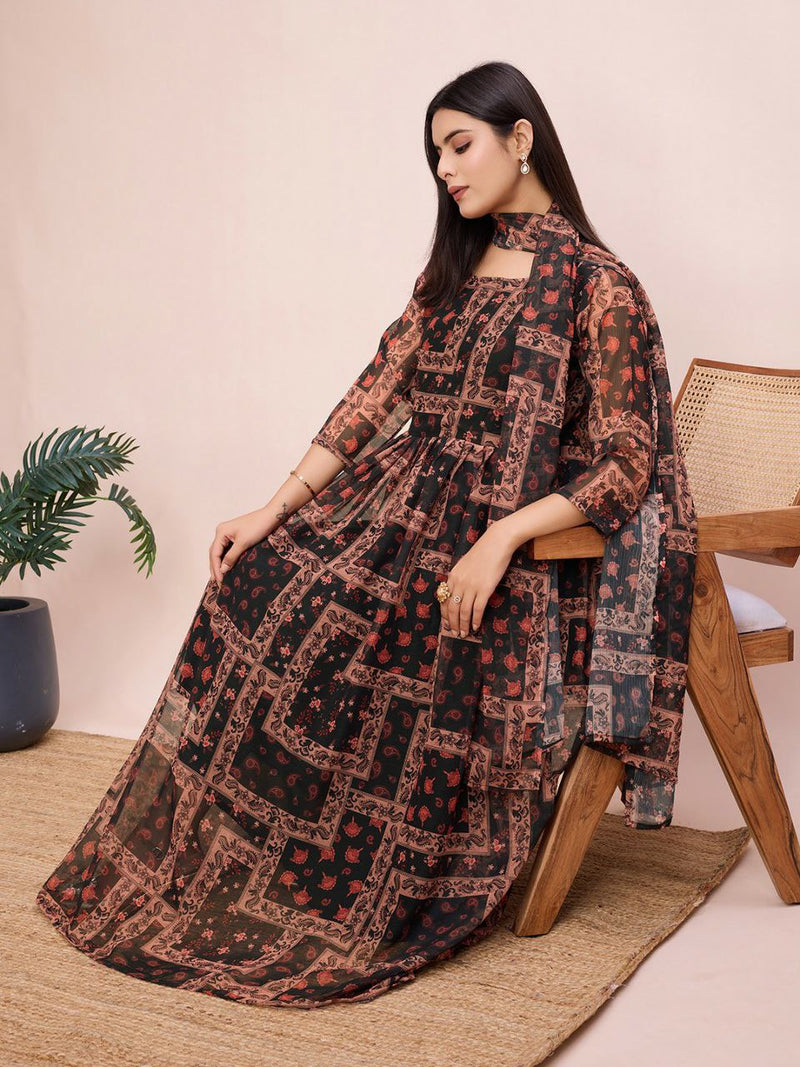 Glamorous Printed Georgette Maxi Dress with Curated Dupatta