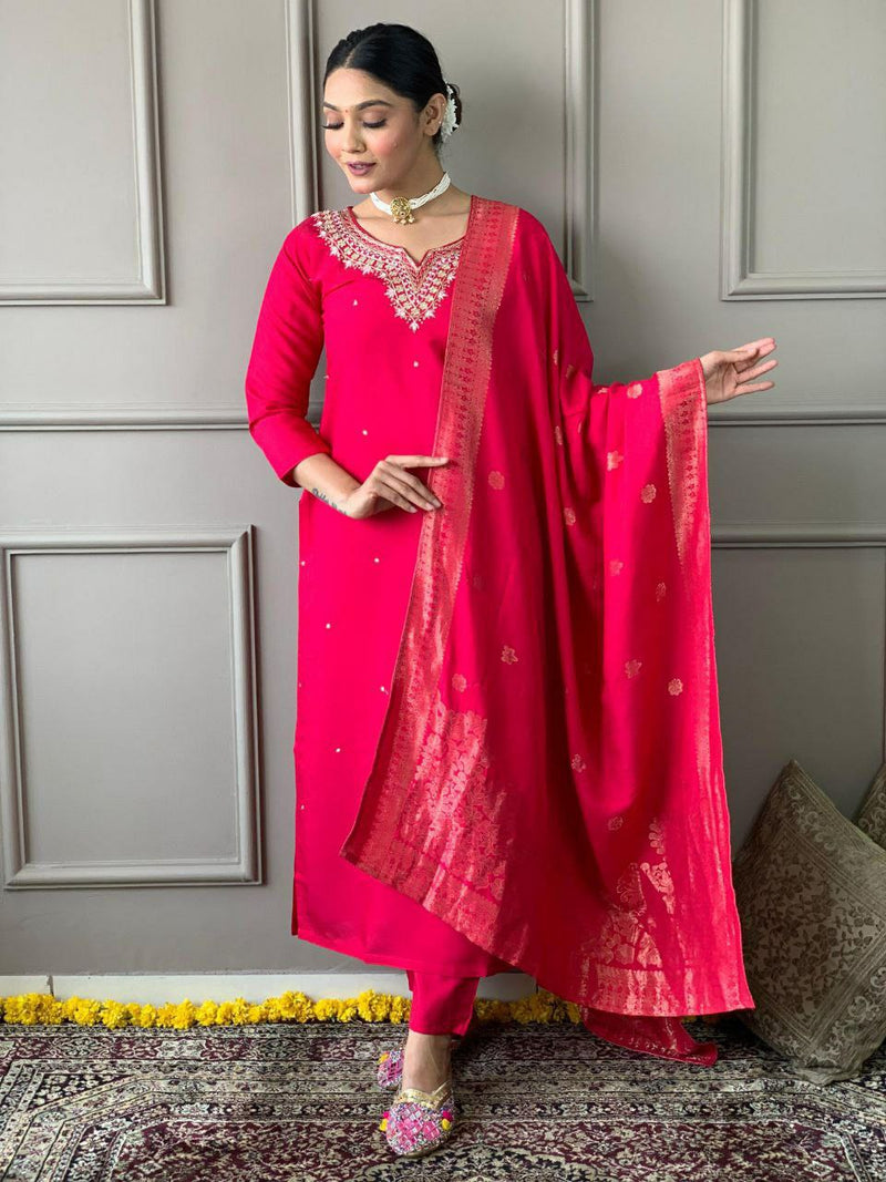 Classy Viscose Chanderi Set with Matching Dupatta – Perfect for Stylish Casual and Festive Wear