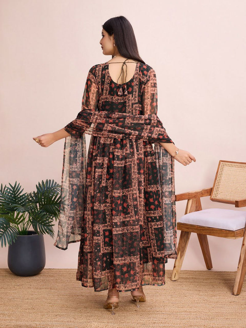 Glamorous Printed Georgette Maxi Dress with Curated Dupatta