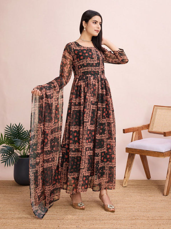 Glamorous Printed Georgette Maxi Dress with Curated Dupatta