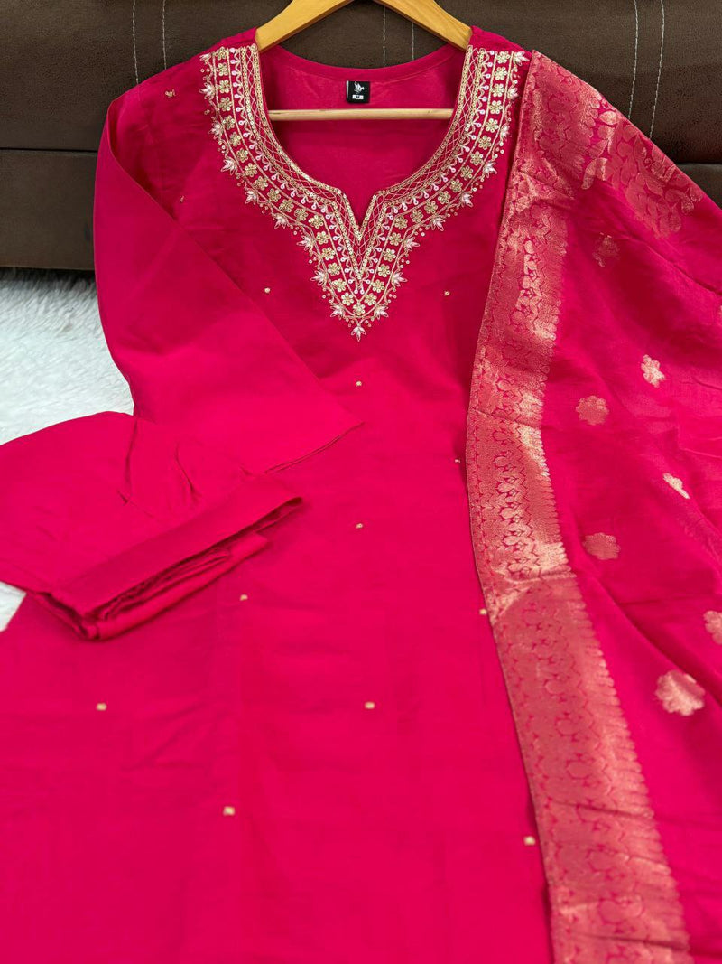 Classy Viscose Chanderi Set with Matching Dupatta – Perfect for Stylish Casual and Festive Wear